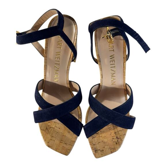 Stuart Weitzman Analeigh 75 Suede Sandal Navy Size 8.5 European Summer Chic Cork - Picture 3 of 10